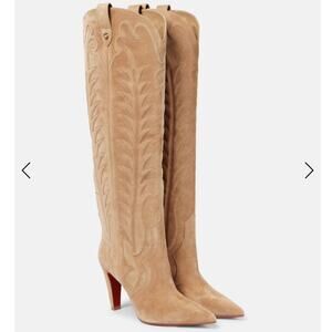 Christian Louboutin Santia Botta 85 Suede Knee High Western Boots Size 38.5